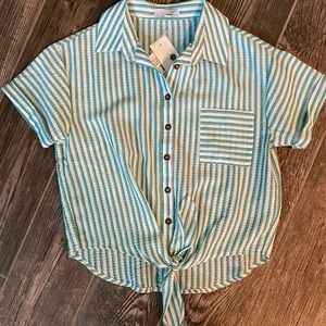 Green and white striped button up blouse